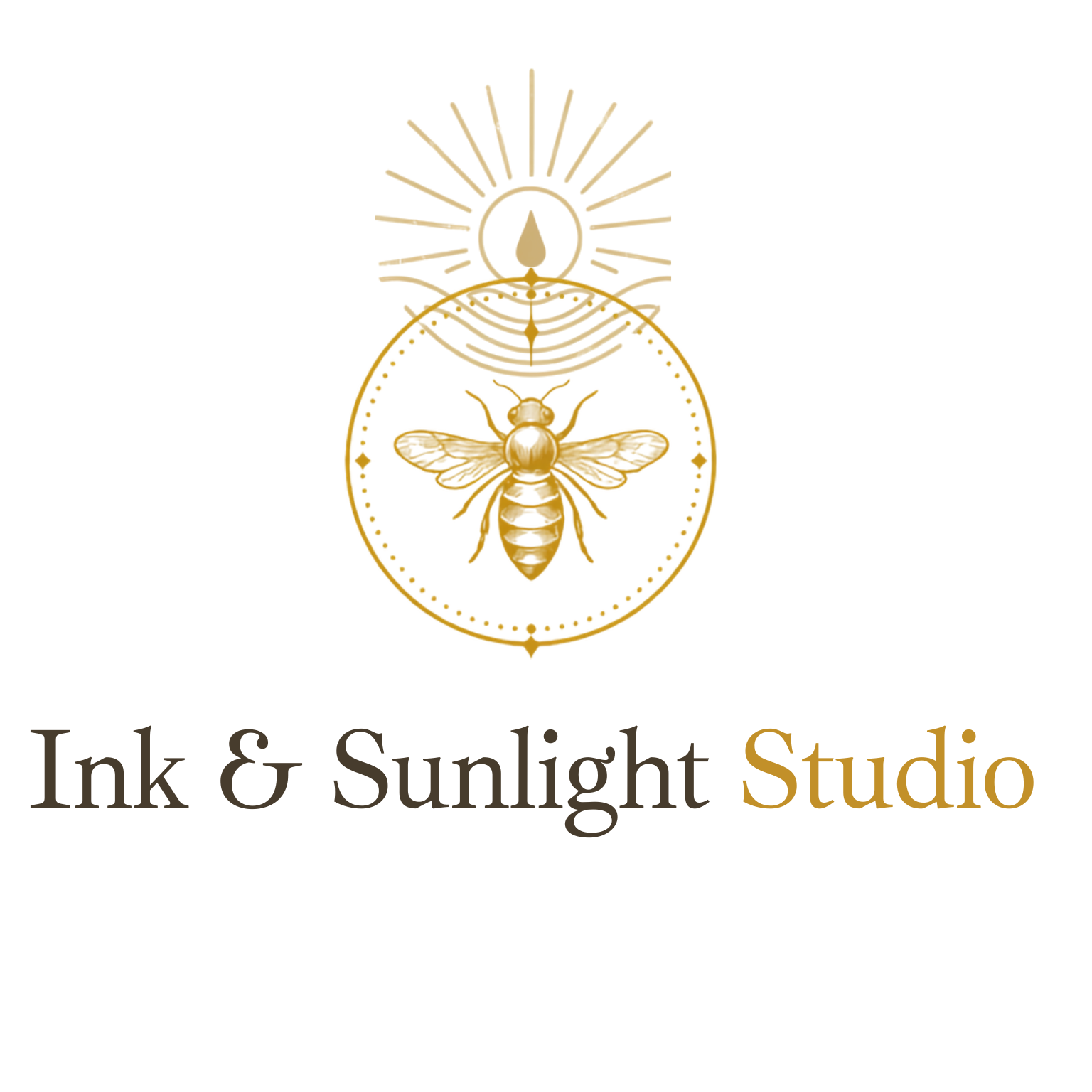Ink & Sunlight Studio logo featuring a golden bee, sun rays, ink drop, and wordmark
